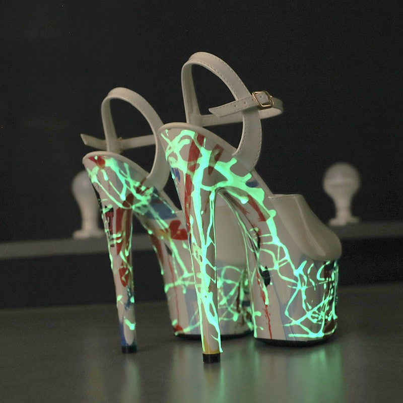17CM Summer Shoes Women luxury Sandals Platform Ladies Shoes Stripper Womens High Heels Geometric Fluorescent Night light Heels