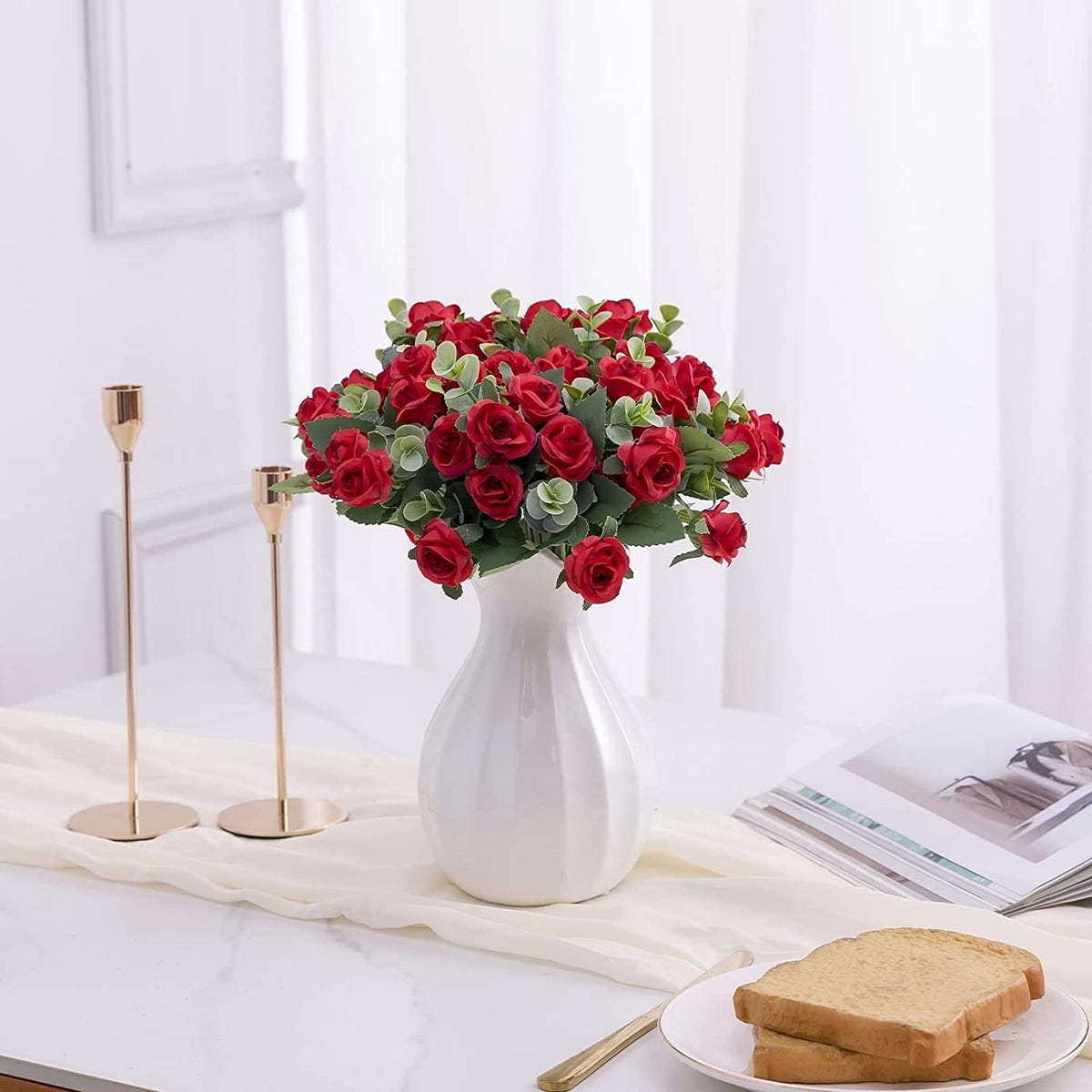 10 Heads pink Artificial Silk Rose Flowers Fake White Eucalyptus Peony Flower Bouquet, for Home Wedding Party Garden Decoration