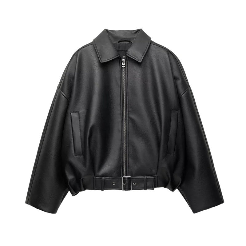 Street Stand Collar Women's Leather Jacket Loose Long Sleeve Zipper Pockets Chic Female Coats 2025 Autumn Winter Lady Outerwear
