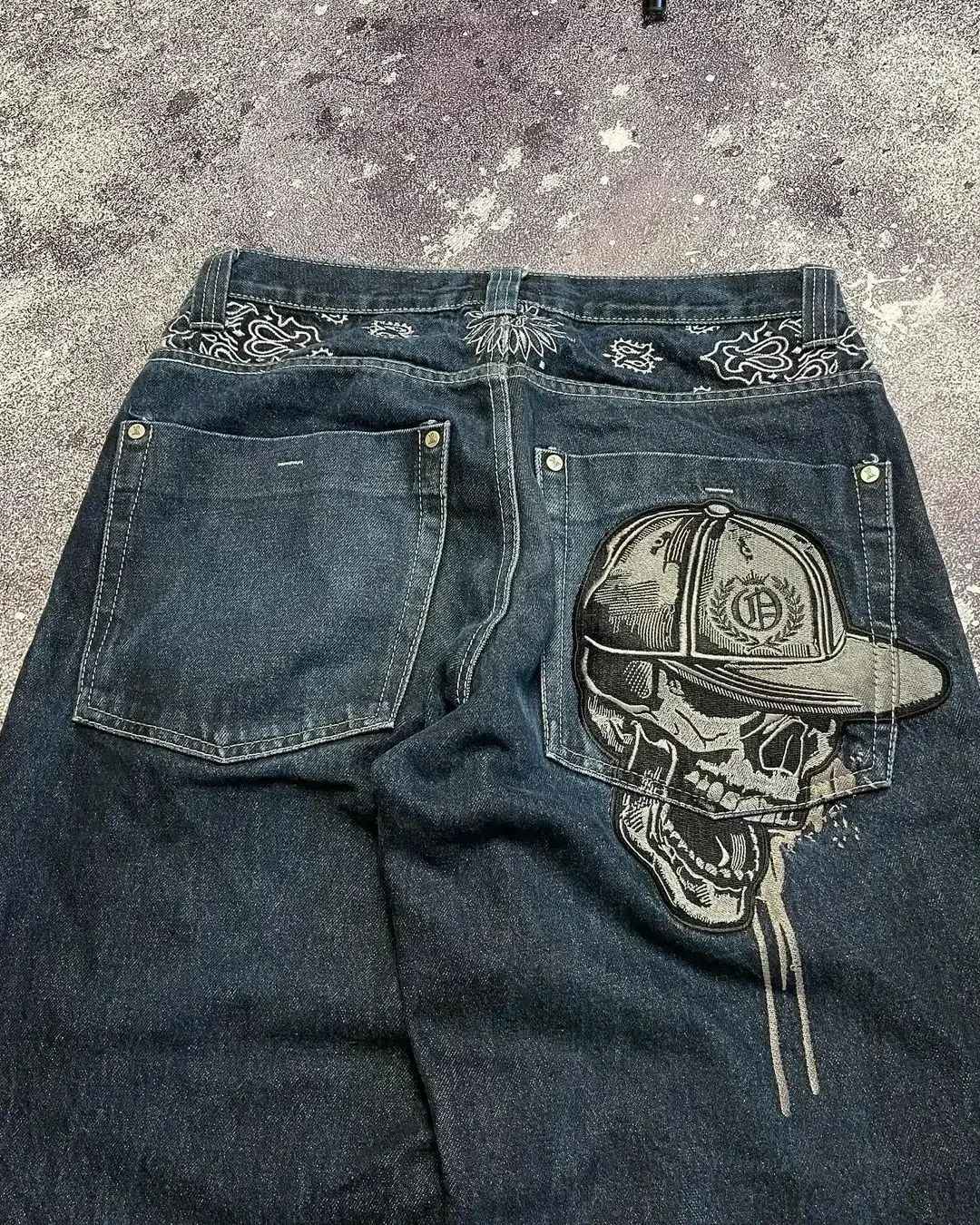 Y2K American New Trend Hip-hop Gothic Embroidered Jeans Men's Street Harajuku Leisure Loose Straight Wide-leg Pants Unisex Jeans