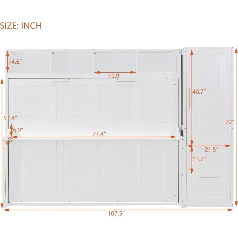 Full Murphy Bed with Storage Cabinets, Space Saving White