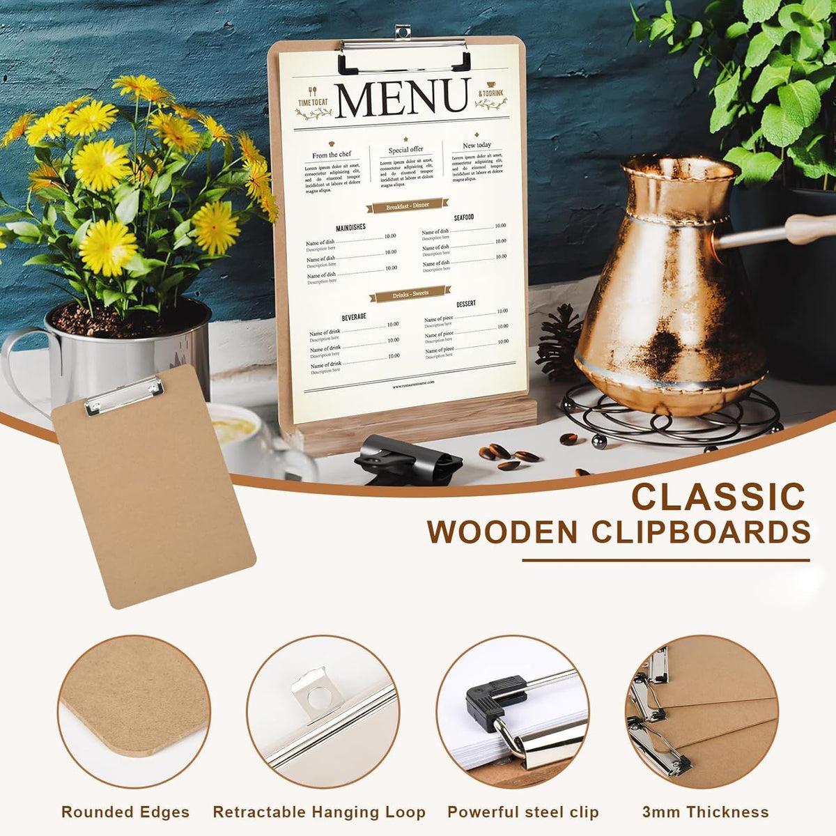 2 Pack Hardboard Office Clipboard, Letter-Size Clipboard with Low Profile Clip, Classic Clip, 9" x 12.5" Wood Clipboards