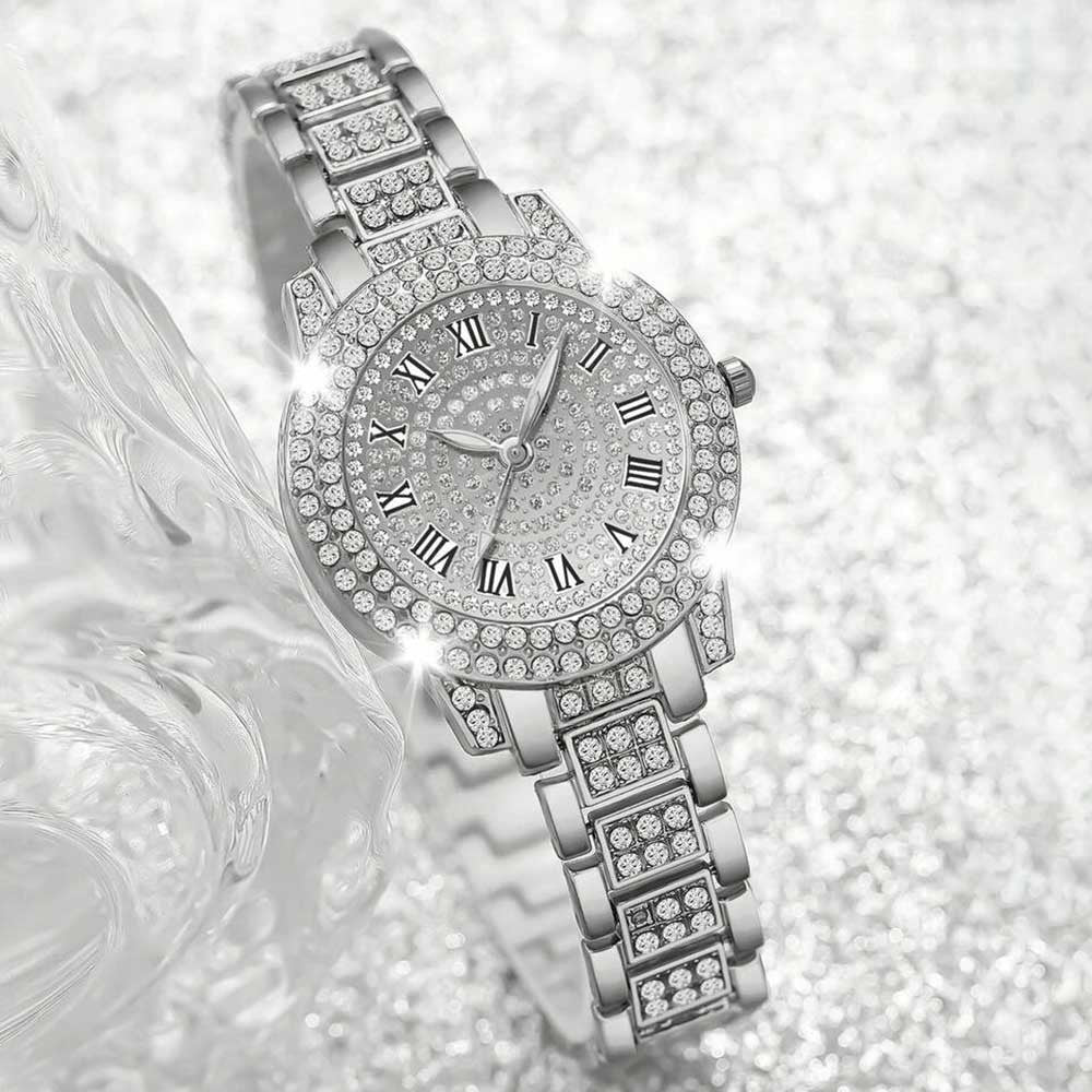 4 Pieces Fashionable Luxury Women's Watch Set with Rhinestone Roman Numbers Round Dial Watch Quartz Bracelet Perfect Gift Set