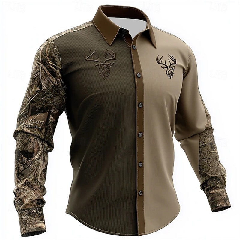Retro Men's 3D Reindeer Print Shirt Men's Long-sleeved Shirt Breathable Casual Button Loose Top Ethnic Retro Lapel Shirt