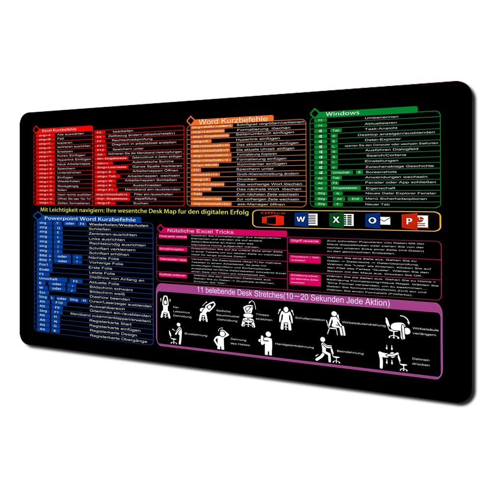 German Office shortcut keys large Mouse Pad Desk Mat Non-Slip Durable Stitched Edge Excel Shortcut table mats office mousepad
