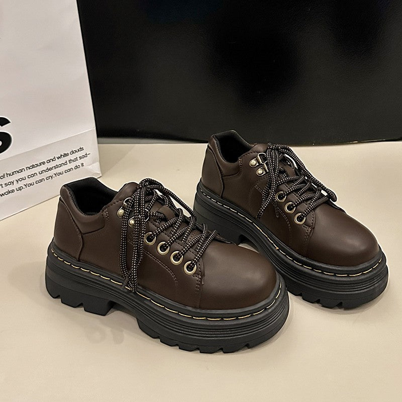 Womens Derby Shoes Autumn British Style Female Footwear Loafers With Fur Round Toe Clogs Platform Casual Sneaker Leather Fall Pr