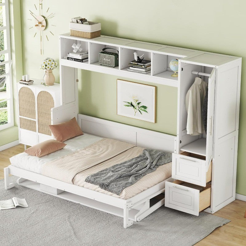 Full Murphy Bed with Storage Cabinets, Space Saving White