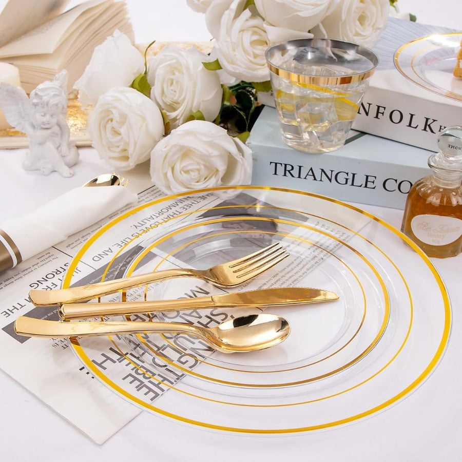 350PCS Clear Gold Plastic Dinnerware Set for 50 Guests Thanksgiving Plates Disposable Include: 50 Dinner Plates 50 Dessert Plat