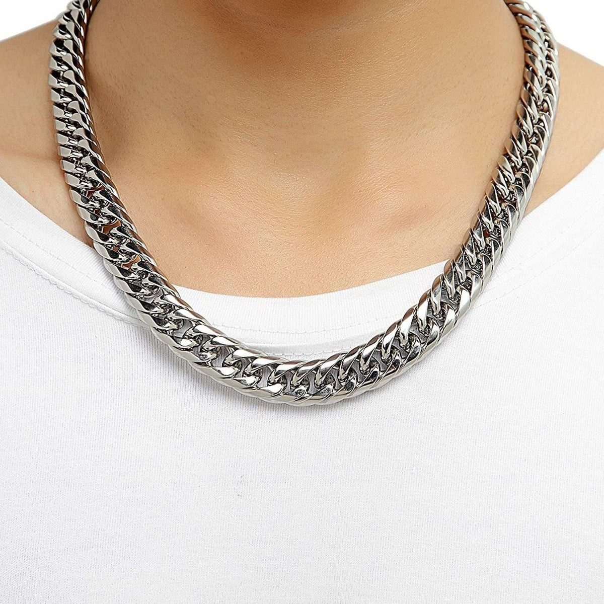 HNSP Stainless Steel LA Cuban Link Chain Silver Color Necklace For Men Jewelry 8/10/12/14MM Width Hip Hop Punk Accessories