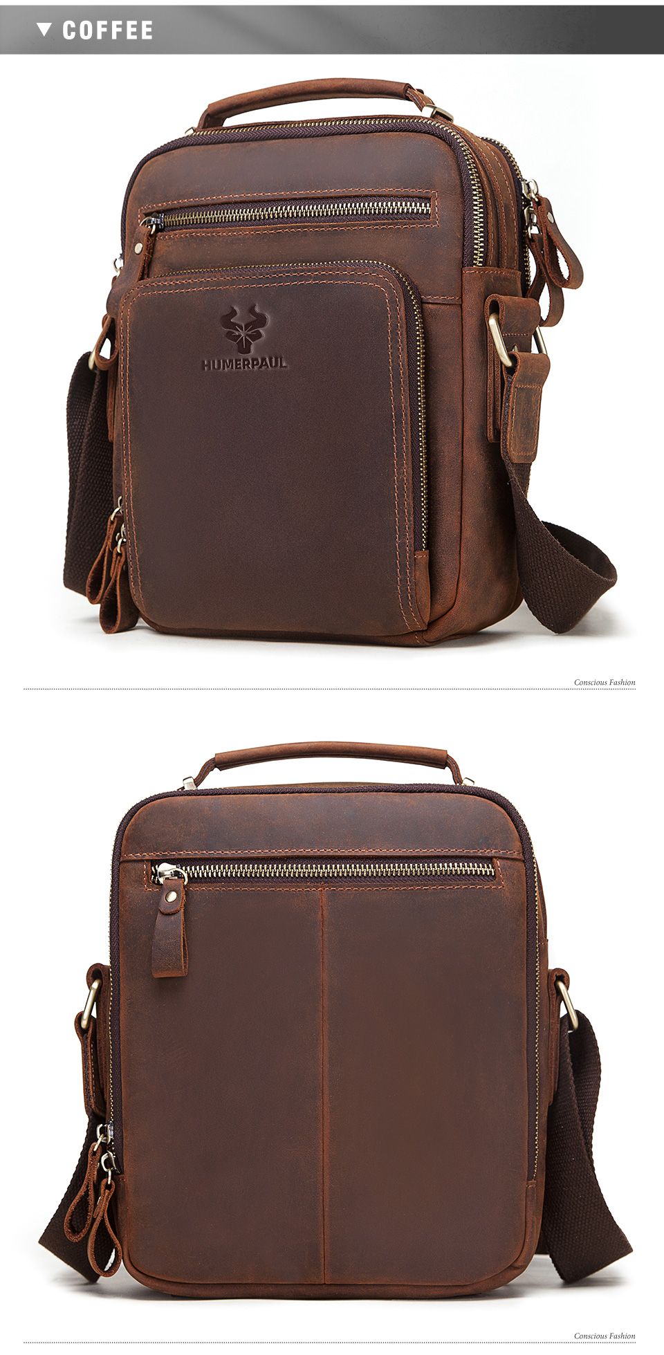 HUMERPAUL Genuine Leather Men's Shoulder Bag Vintage Cross Bags Large Capacity Male Messenger Tote Bag Travel Bolso Hombres