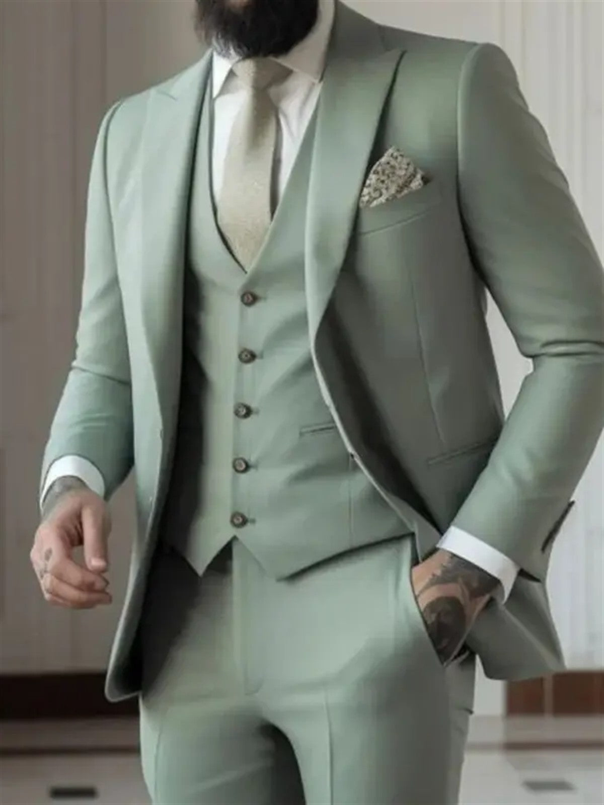 3 Piece Sage Green Men's Slim Fit Suits (Jacket+Vest+Pant) Wedding Groom Tuxedos Prom Formal Male Party Blazers Traje Hombre