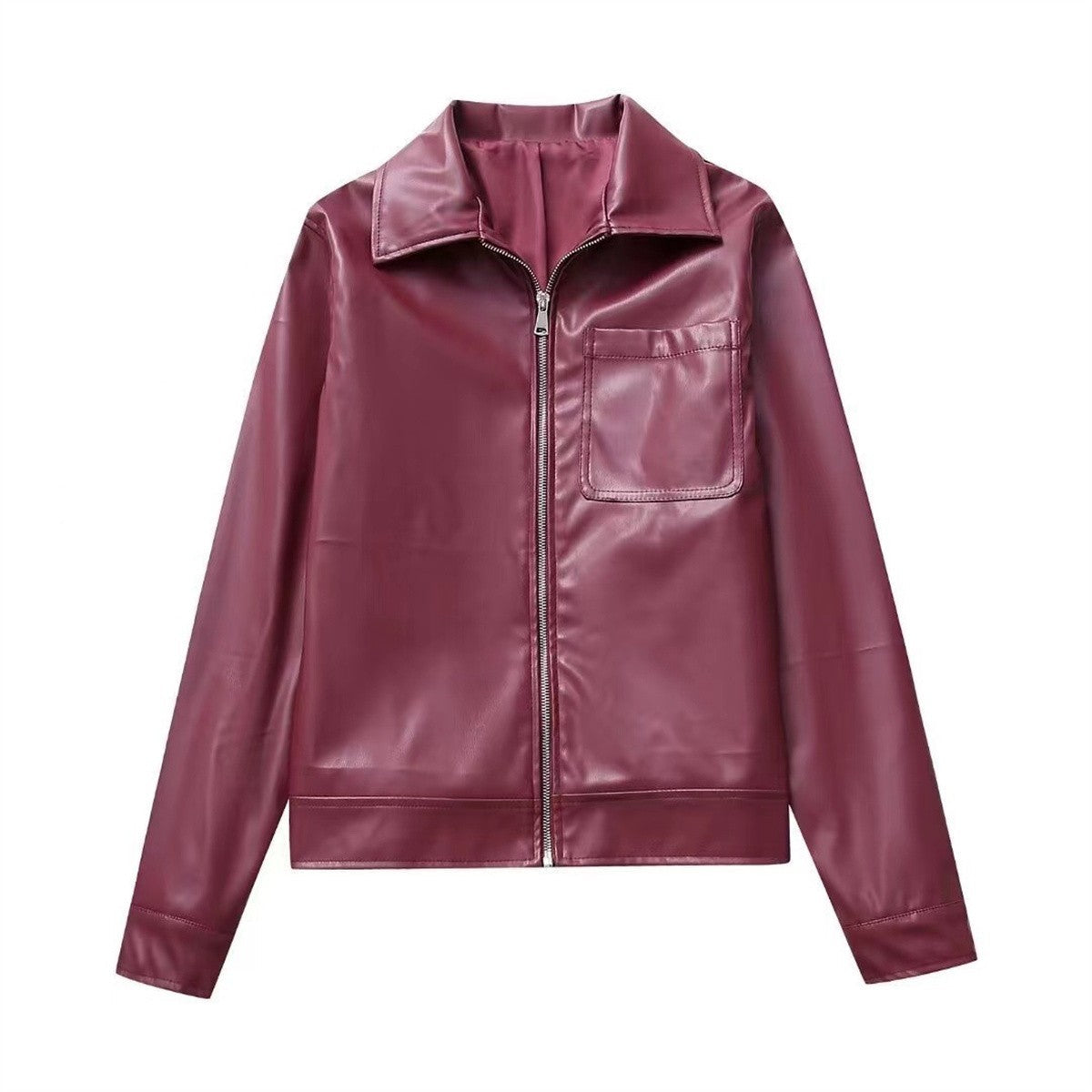 Women Vintage Wine Red Faux Leather Jakcet Fashion Outerwear Zipper Lapel Pu Coats Autumn Winter Streetwear Ladies Short Tops