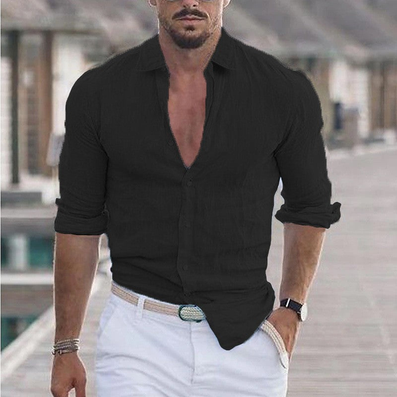 Summer Men's Cotton Linen Long Sleeve Casual Shirt Hawaii Fashion Lapel Loose soft comfortable Breathable Solid color Cardigan