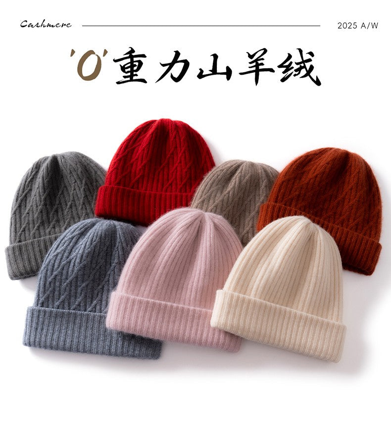 Autumn Winter 100% Cashmere Hat Double Layer Thickened Reversible Cold-Proof Unisex Knitted Wool Hat Versatile Ear Protection