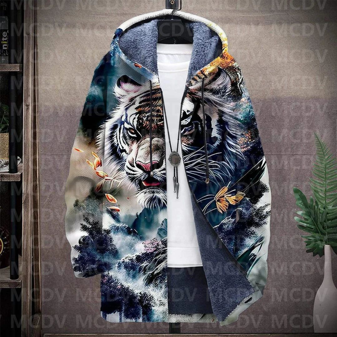 Men's Retro Print Plush Thick Long-Sleeved Coat Cardigan Tiger 3D Prined Fleece Hooded Overcoat Unisex Thick Warm Jacket