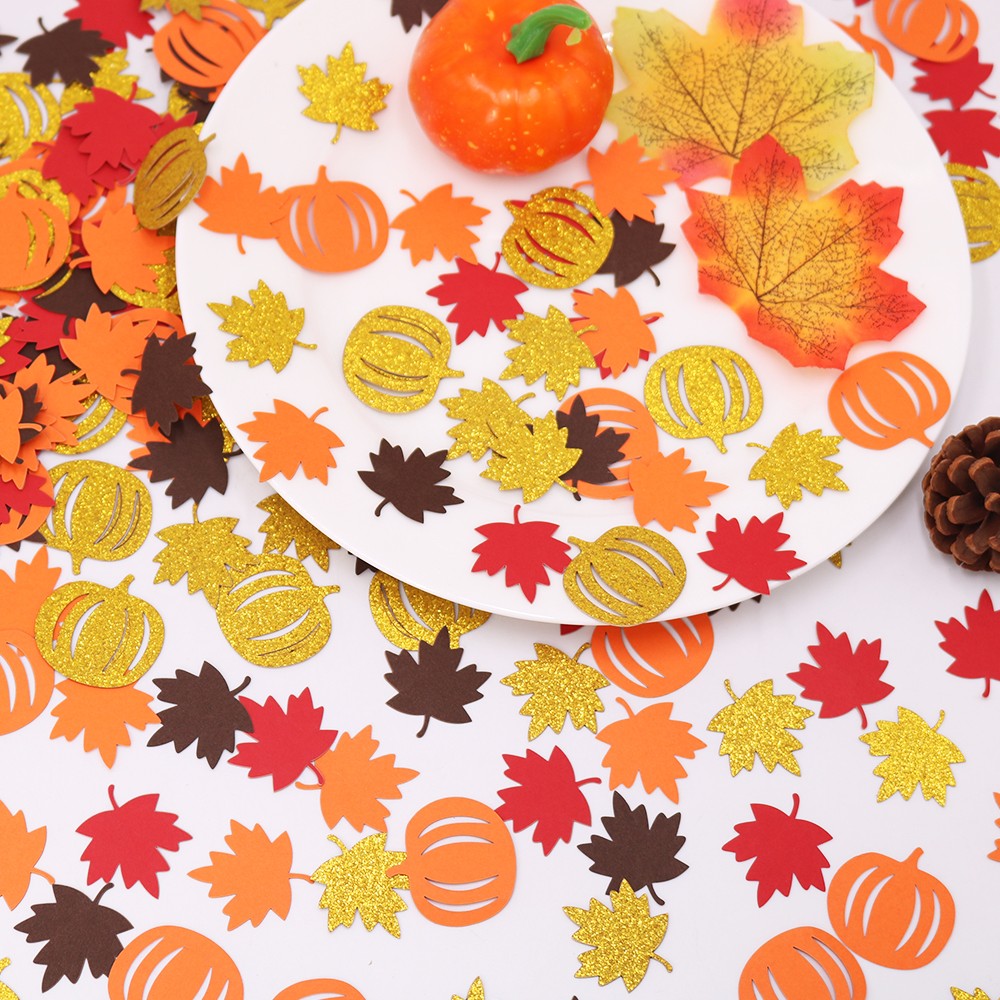 100Pcs Autumn Pumpkin Maple Leaf Table Confetti, Thanksgiving Halloween Baby Shower, Wedding Party Table Decorations