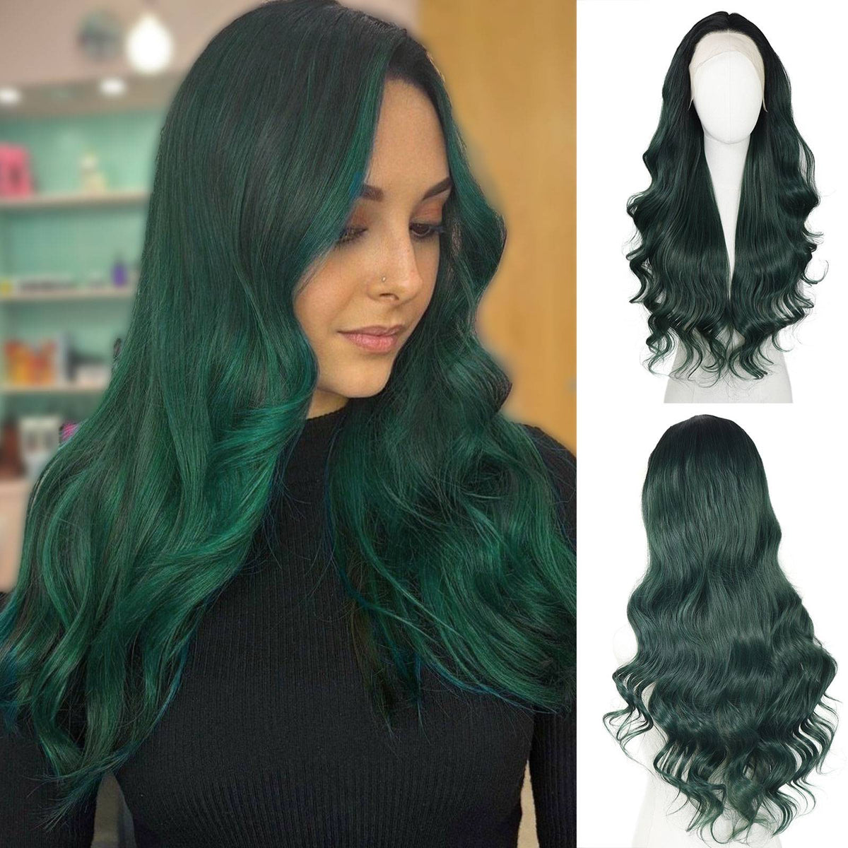 Ombre Dark Green Wavy Synthetic Wigs Dark Roots Cosplay 13x4 Lace Front Green Wig For Women Pre Plucked Natural Hairline
