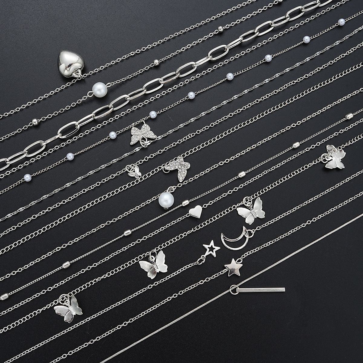 13Pcs/Set Simple Temperament Necklace Set Butterfly Pearl Heart Star Zircon Silver Color Necklace for Women Fashion Jewelry Gift