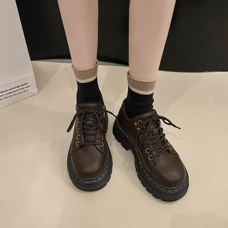 Womens Derby Shoes Autumn British Style Female Footwear Loafers With Fur Round Toe Clogs Platform Casual Sneaker Leather Fall Pr