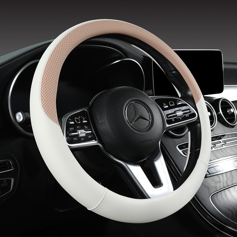 Perforated Nappa Leather Car Steering Wheel Cover Warm in Winter and Cool in Summer, Universal 15 Inch, Anti-Slip, Odorless