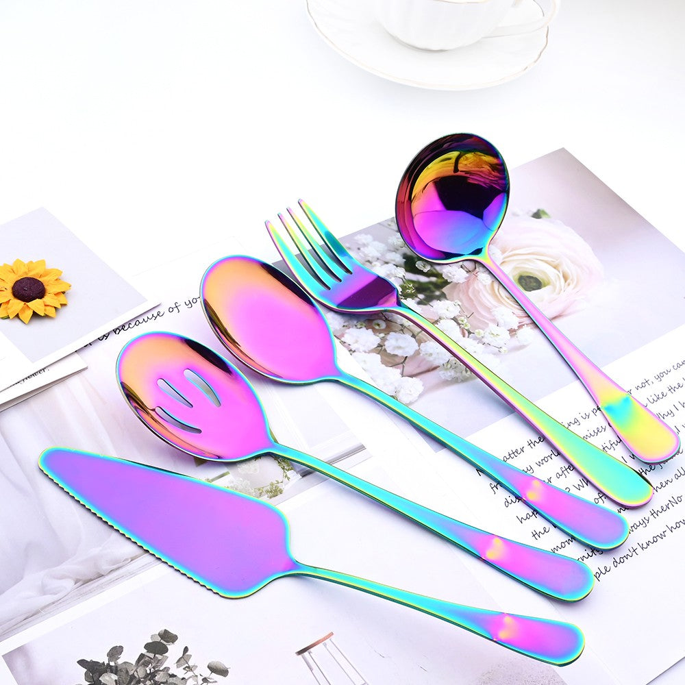 Drmfiy 5/7Pcs Black Cutlery Serving Utensils Dinnerware Set Buffet Catering Flatware Serving Colander Spoons Fork Silverware Set