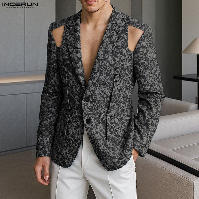 INCERUN Men Blazer Printing Hollow Out Lapel Long Sleeve Male Suit Streetwear Elegant Fashion Casual Thin Coats Men Blazer S-5XL