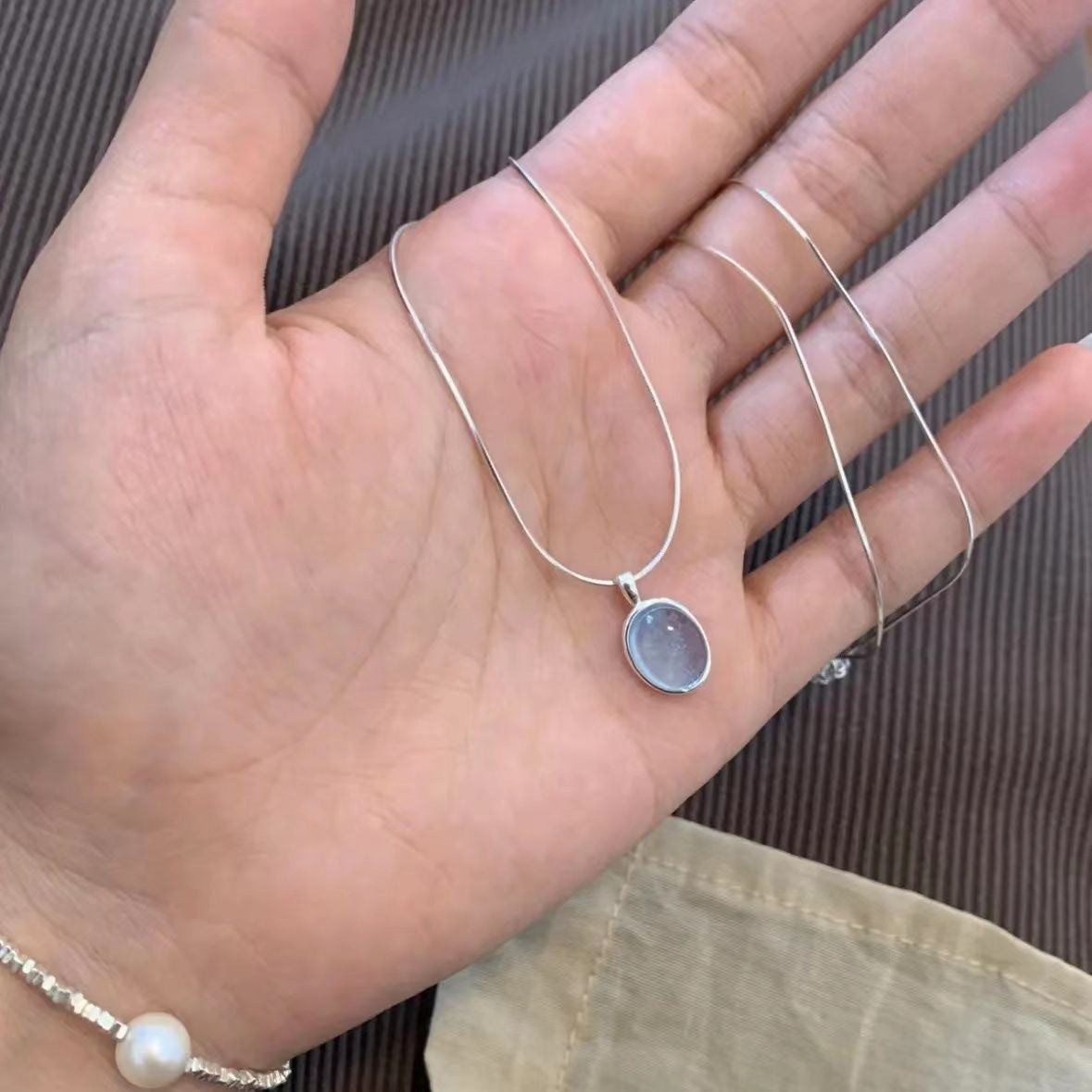 Simple Oval Aquamarine Moonstone Pendant Necklace for Women Girls Luxury Snake Chain Necklace Fashion Collar Jewelry Gifts