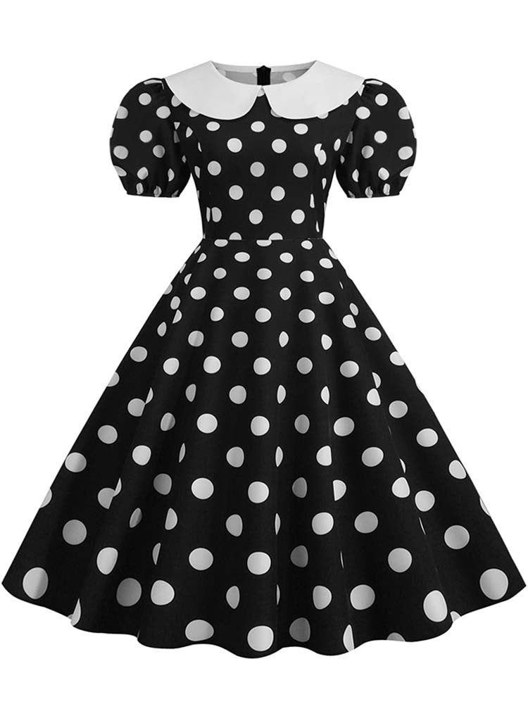 Elegant Women Summer Dress Puff Short Sleeve Polka Dot Peter pan Collar Vintage A-line Midi Long Party Sundress