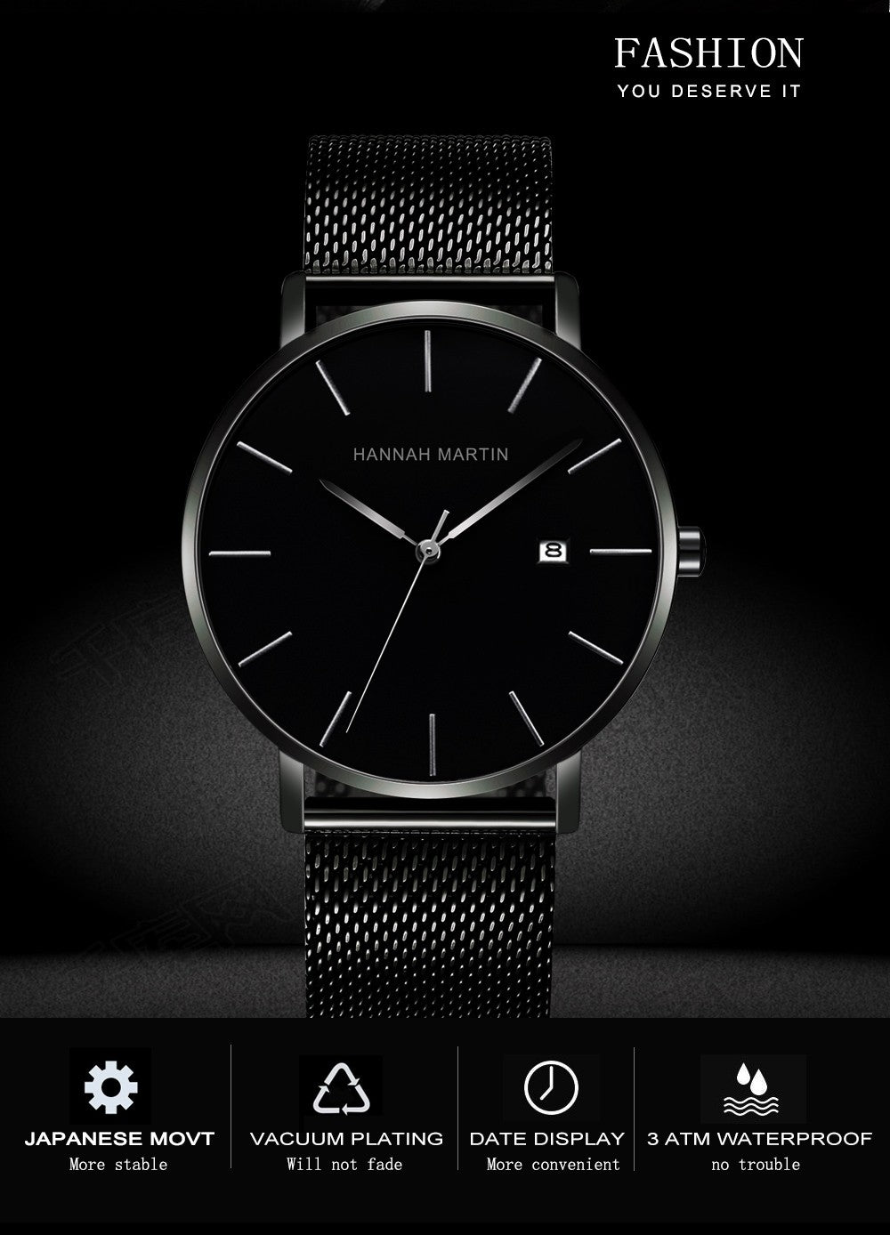 Classic Bauhaus Design Men Watch Dark Blue Japan Quartz Waterproof Stainless Steel Fashion Business Calendar Ultra Thin Watches