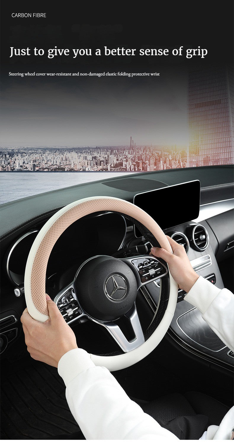 Perforated Nappa Leather Car Steering Wheel Cover Warm in Winter and Cool in Summer, Universal 15 Inch, Anti-Slip, Odorless