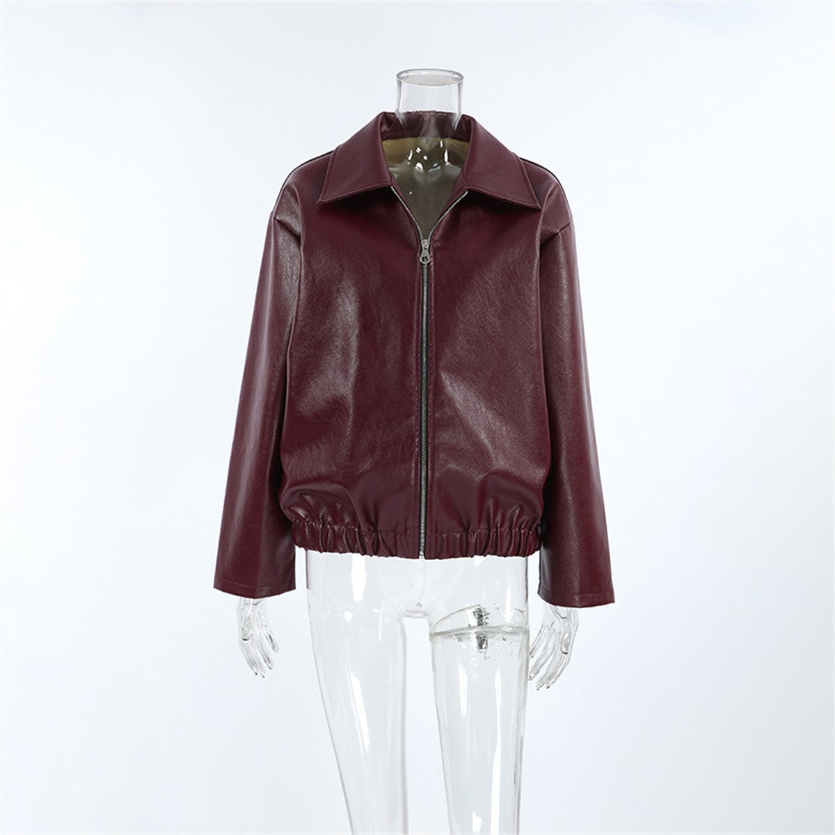 Women Vintage Wine Red Faux Leather Jakcet Fashion Outerwear Zipper Lapel Pu Coats Autumn Winter Streetwear Ladies Short Tops