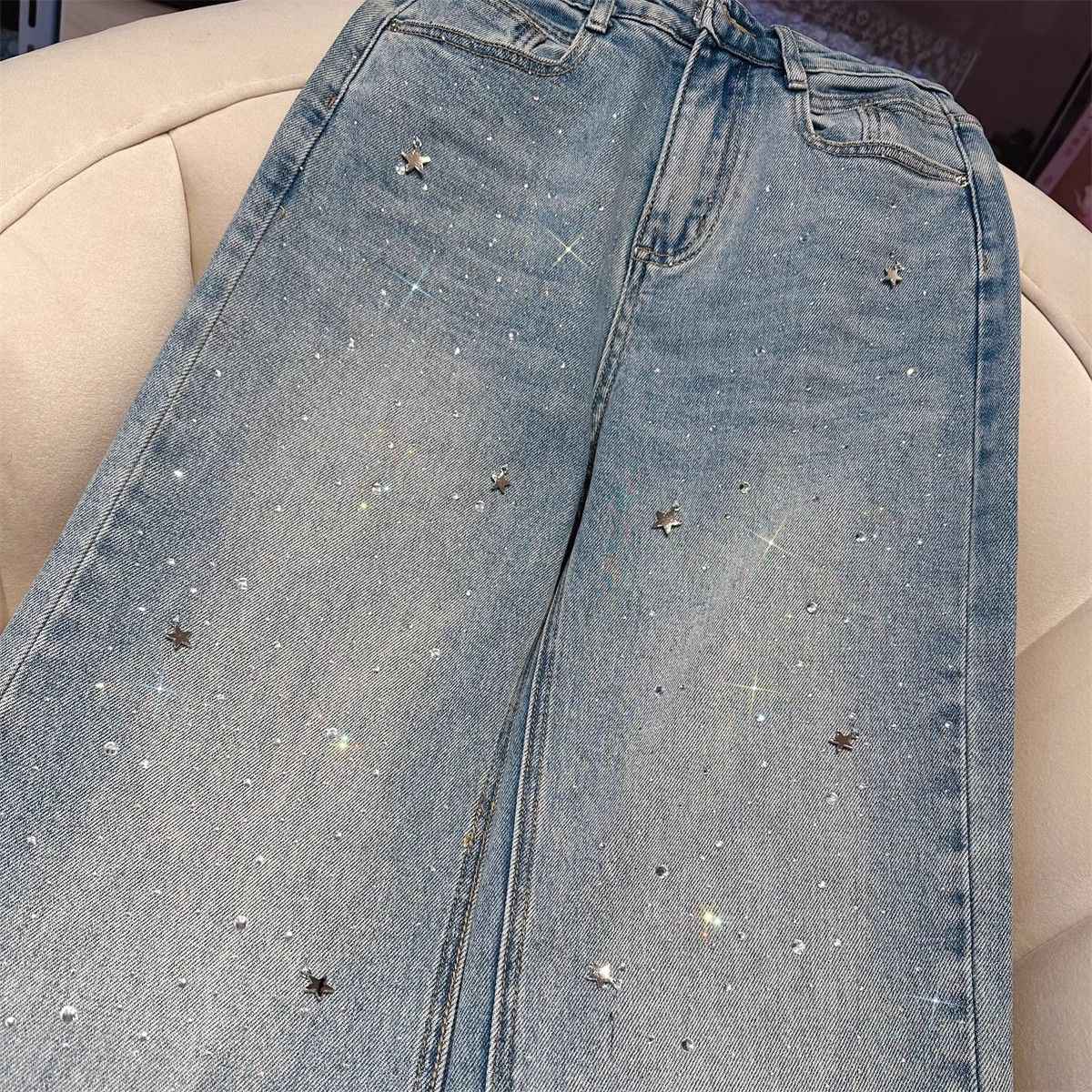 2024 Spring New Narrow Straight Jeans Women's Slimming Fashionable All-Match Rhinestone women jeans pants