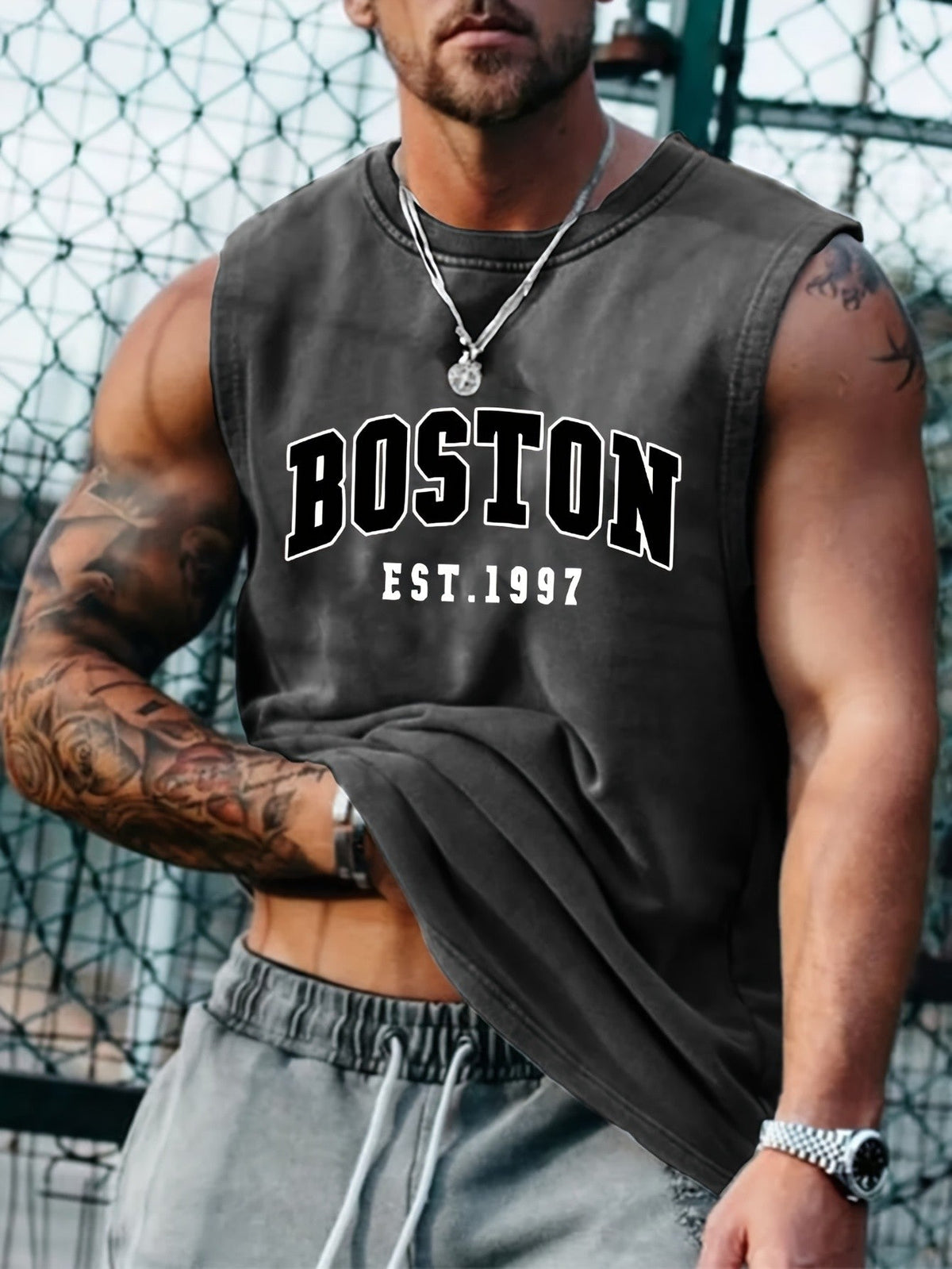 Men's summer fashion casual sports loose Boston est 1997 Print comfortable breathable round neck sleeveless vest
