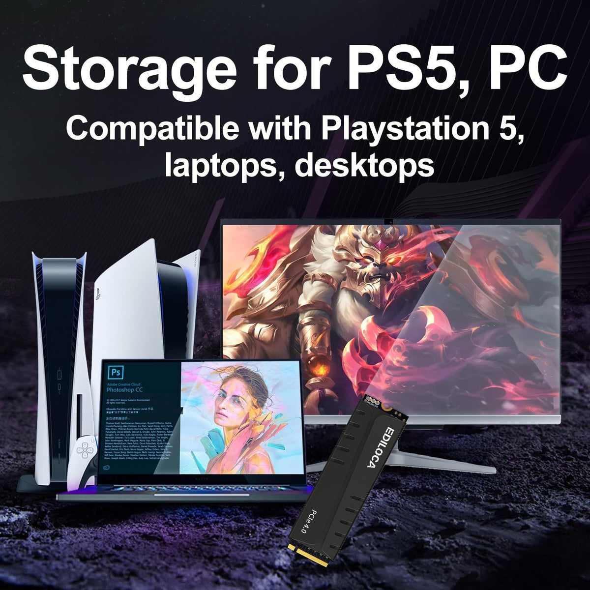 Ediloca EN855 SSD with Heatsink 7400MB/s PCIe Gen4.0 NVMe M.2 Gaming SSD Internal Solid State Drive for PS5 & PC