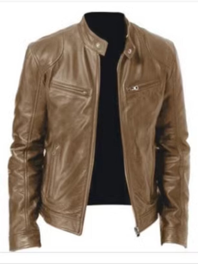 2023 Fashion Mens Leather Jacket Slim Fit Stand Collar PU Jacket Male Anti-wind Motorcycle Lapel Diagonal Zipper Jackets Men