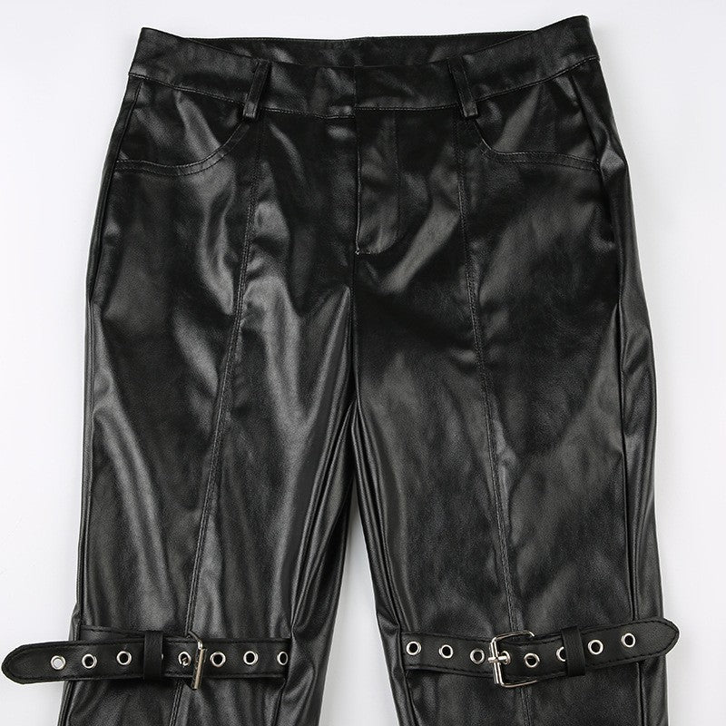 PU Leather Flare Pant Goth Buckle Lace Patchwork Pants Women Fashion Y2K Streetwear Vintage Aesthetics Casual Pants Trousers