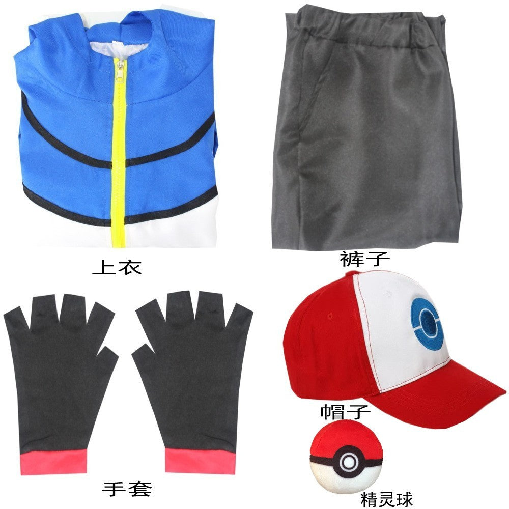 Men's Anime Trainer Cosplay Costume, Adult Ash Ketchum Outfit with Blue Jacket, Cap and Gloves, Unisex Halloween Party Disfraz