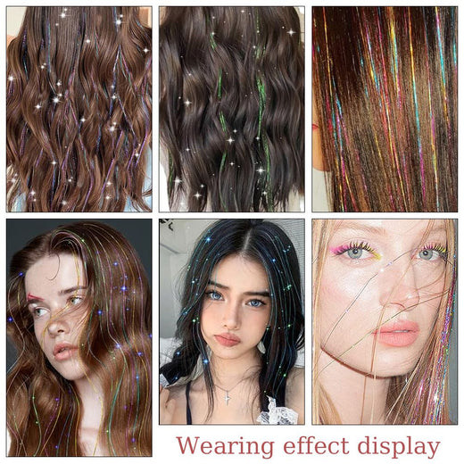 93/120cm Sparkle Synthetic Hair Extensions Tinsel Rainbow Colored Strands Girls Headwear Hairbinge Hair Laser False Decor