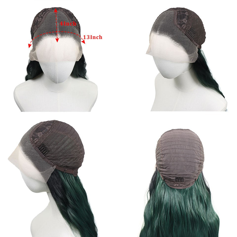 Ombre Dark Green Wavy Synthetic Wigs Dark Roots Cosplay 13x4 Lace Front Green Wig For Women Pre Plucked Natural Hairline