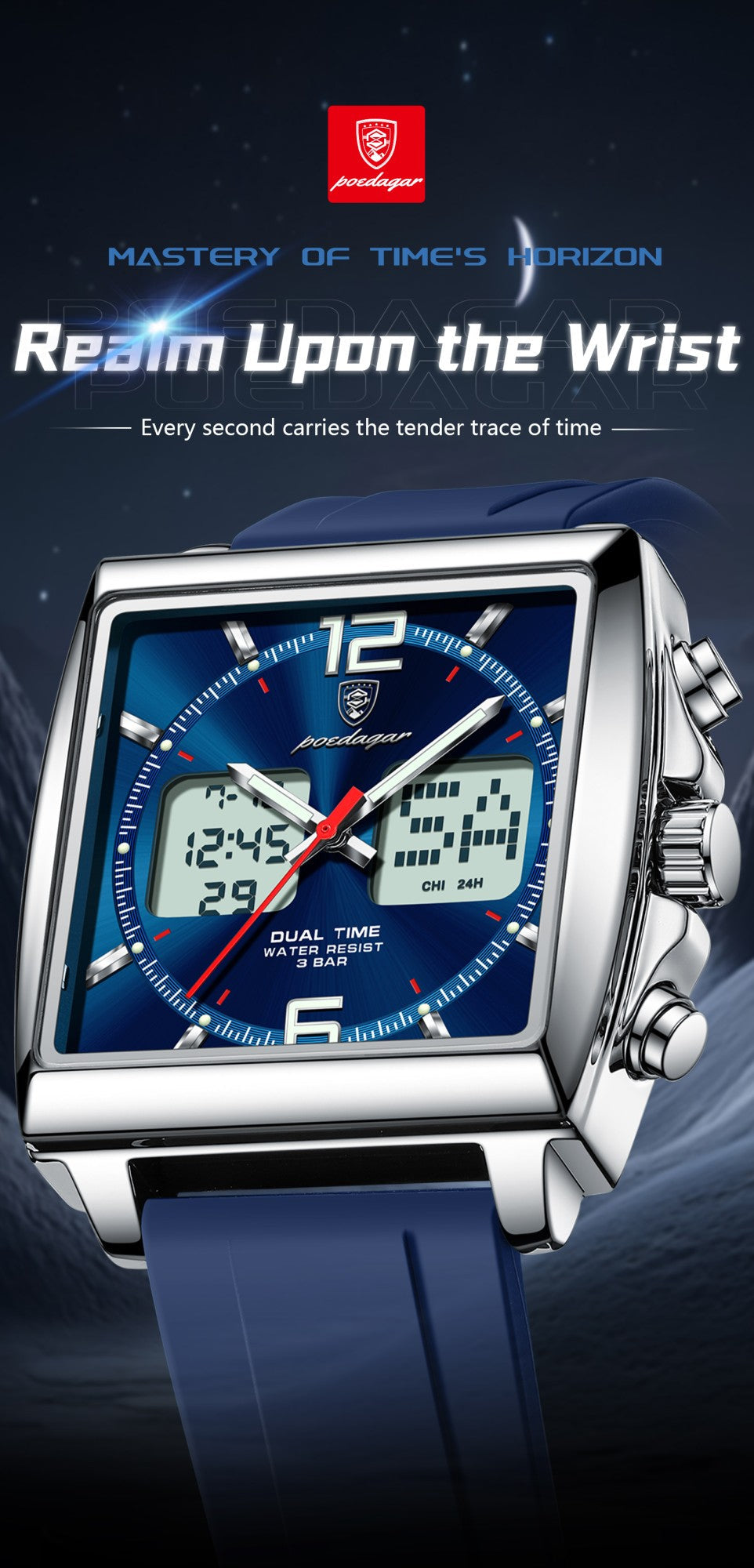POEDAGAR Luxury Top Man Watch Electronic Square LED Alarm Chronograph Men's Watches Week Date Dual Time Display Men Quartz Clock