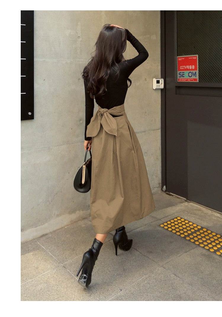 Skirts Womens Korean Fashion Solid Color Big Swing Ladies Skirt Long Skirt 2025 Autumn Wild High Waist Bow Slim Skirts