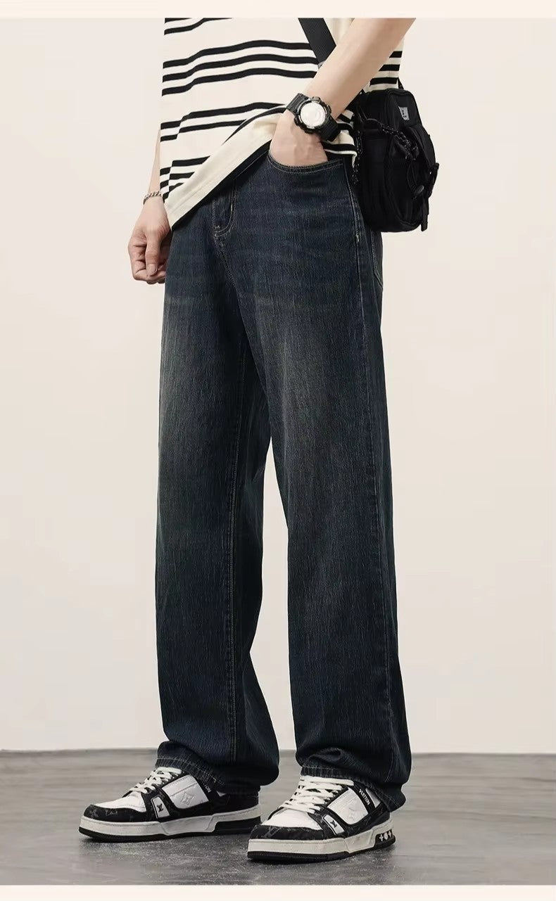 2025Spring Autumn New Men Straight Vintage Fit Jeans Casual Trousers High Quality Male Korean Fashion Baggy Wide Leg Denim Pants