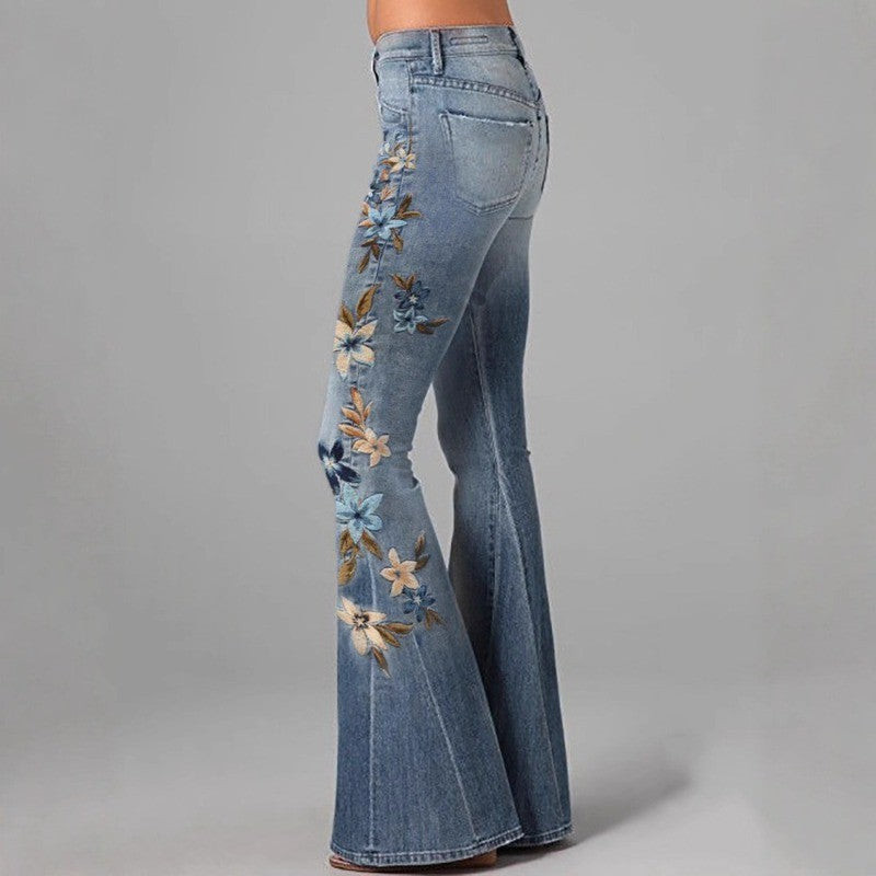 Women's Floral Embroidered High Waist Flared Jeans Vintage Boho Wide Leg Denim Pants for Party and Daily Outfits