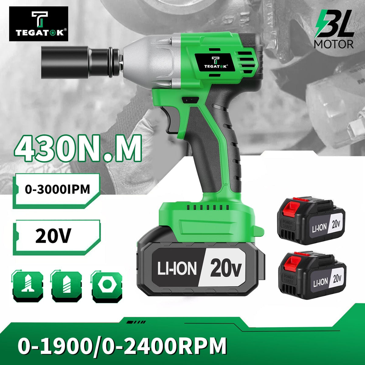 3-IN-1 Electric Wrench with High Torque 430Nm Brushless Electric Wrench for Car Maintenance Tools Cordless Wrench 20V Electric