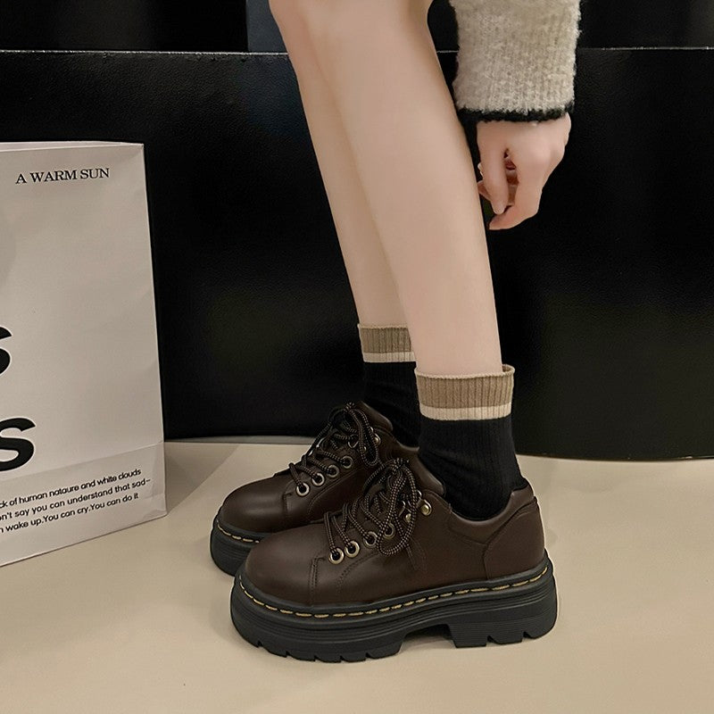 Womens Derby Shoes Autumn British Style Female Footwear Loafers With Fur Round Toe Clogs Platform Casual Sneaker Leather Fall Pr