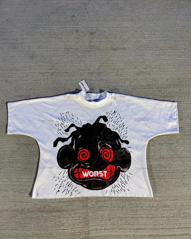 American Hip-hop Anime Print Oversized T-shirt Men Retro Trendy Streetwear Top Pure Cotton Round Neck Casual Loose Short Sleeves