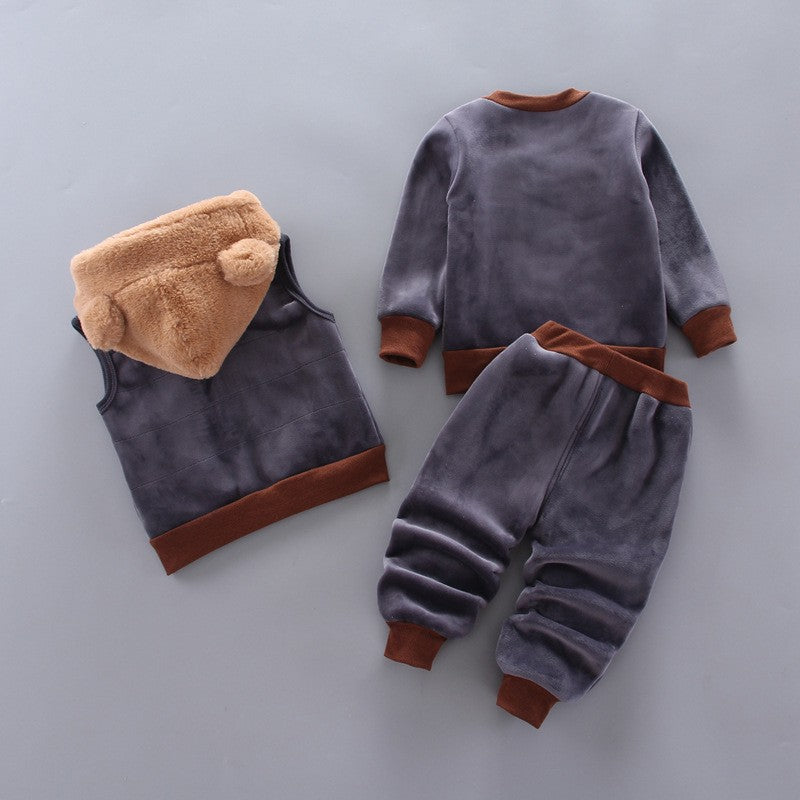Autumn Winter Baby Boys Clothes Sets Thick Fleece Cartoon Bear Jacket Vest Pants 3Pcs Cotton Sport Suit For Girls Warm Outfits