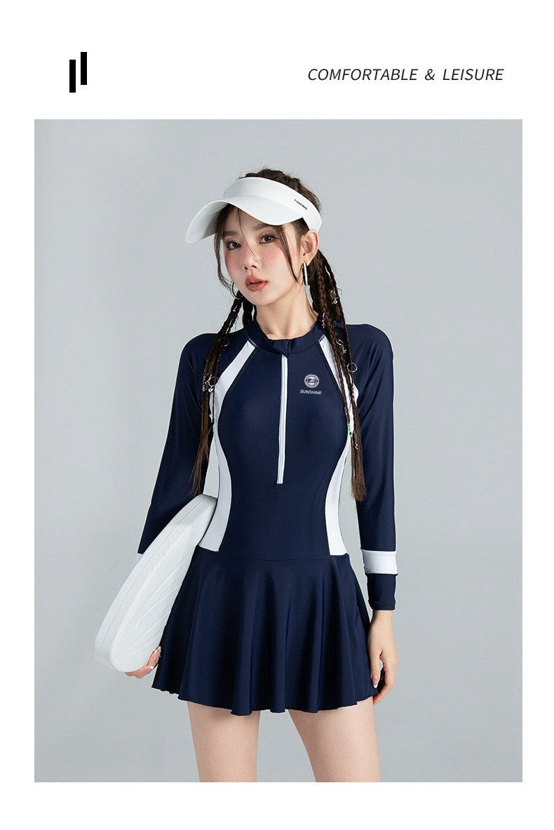 Black and White Color Matching One-piece Sports Small Chest Gathered To Cover The Belly Weight Swimming Sun Protection Swimsuit
