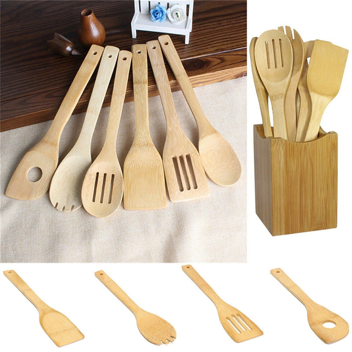 7 Piece Bamboo Cooking Utensil Set Cooking Spoons And Spatulas Kitchen Tools For Nonstick Pan And Cookware Cooking Tools