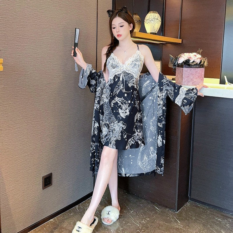 Sexy Nightwear for Women: Premium Ice Silk Strapless Camisole Nightgown Set Pure Desire Nightdress Homewear